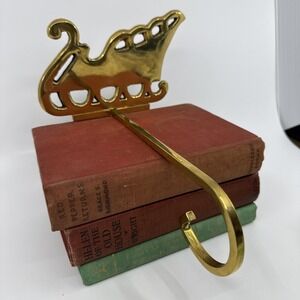 Vintage Brass Sleigh Stocking Holder Long Arm Hanger Mantel Hook